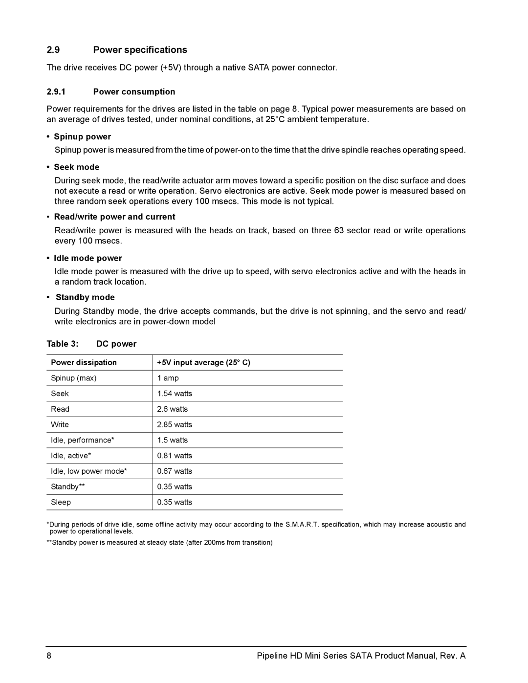 Seagate ST91603110CS, ST9250311CS manual Power specifications 