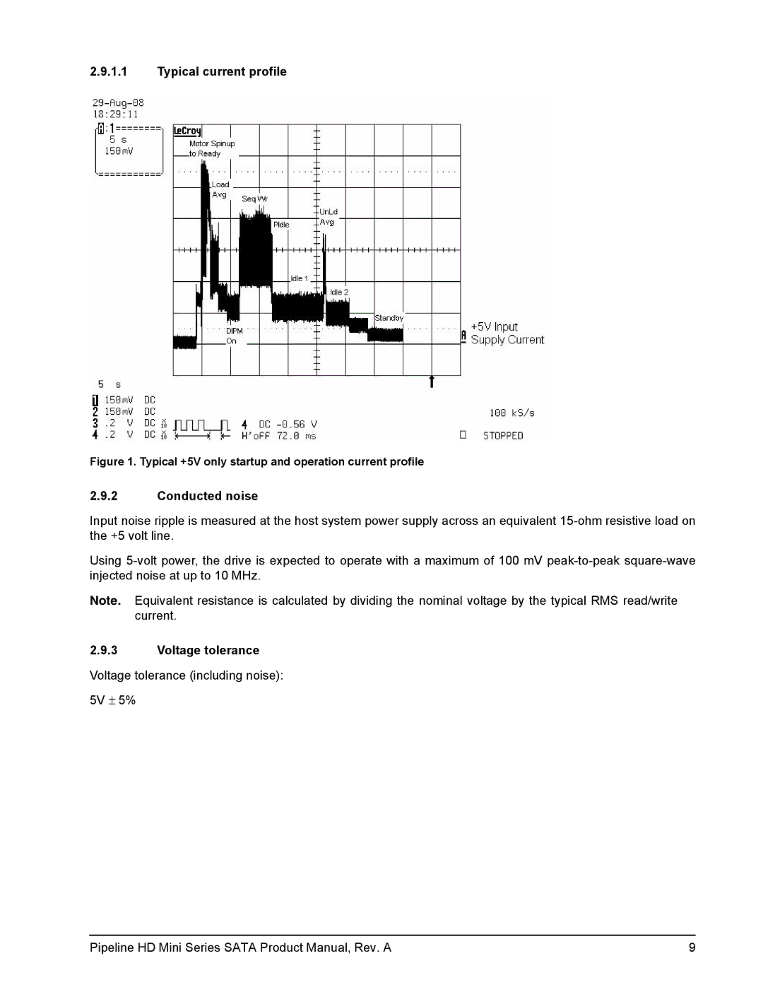 Seagate ST9250311CS, ST91603110CS manual Typical current profile, Conducted noise, Voltage tolerance 