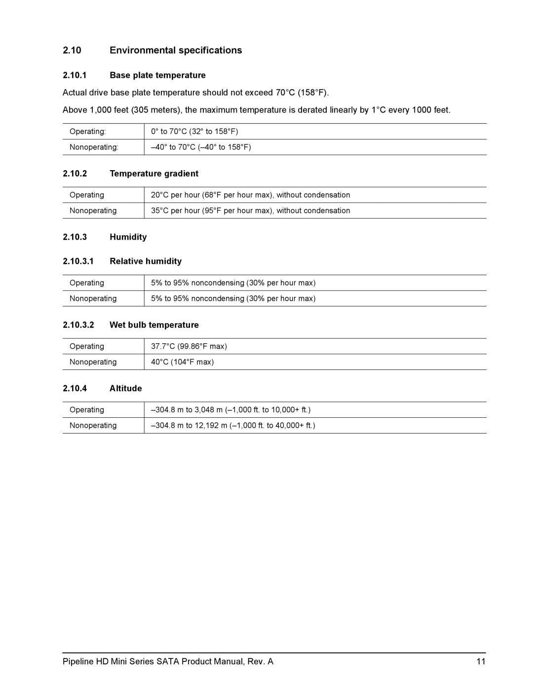 Seagate ST9250311CS, ST91603110CS manual Environmental specifications 