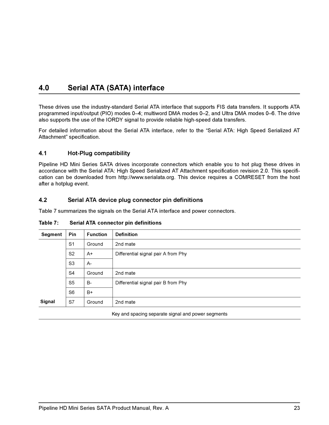 Seagate ST9250311CS manual Serial ATA Sata interface, Serial ATA connector pin definitions, Segment Pin Function Definition 