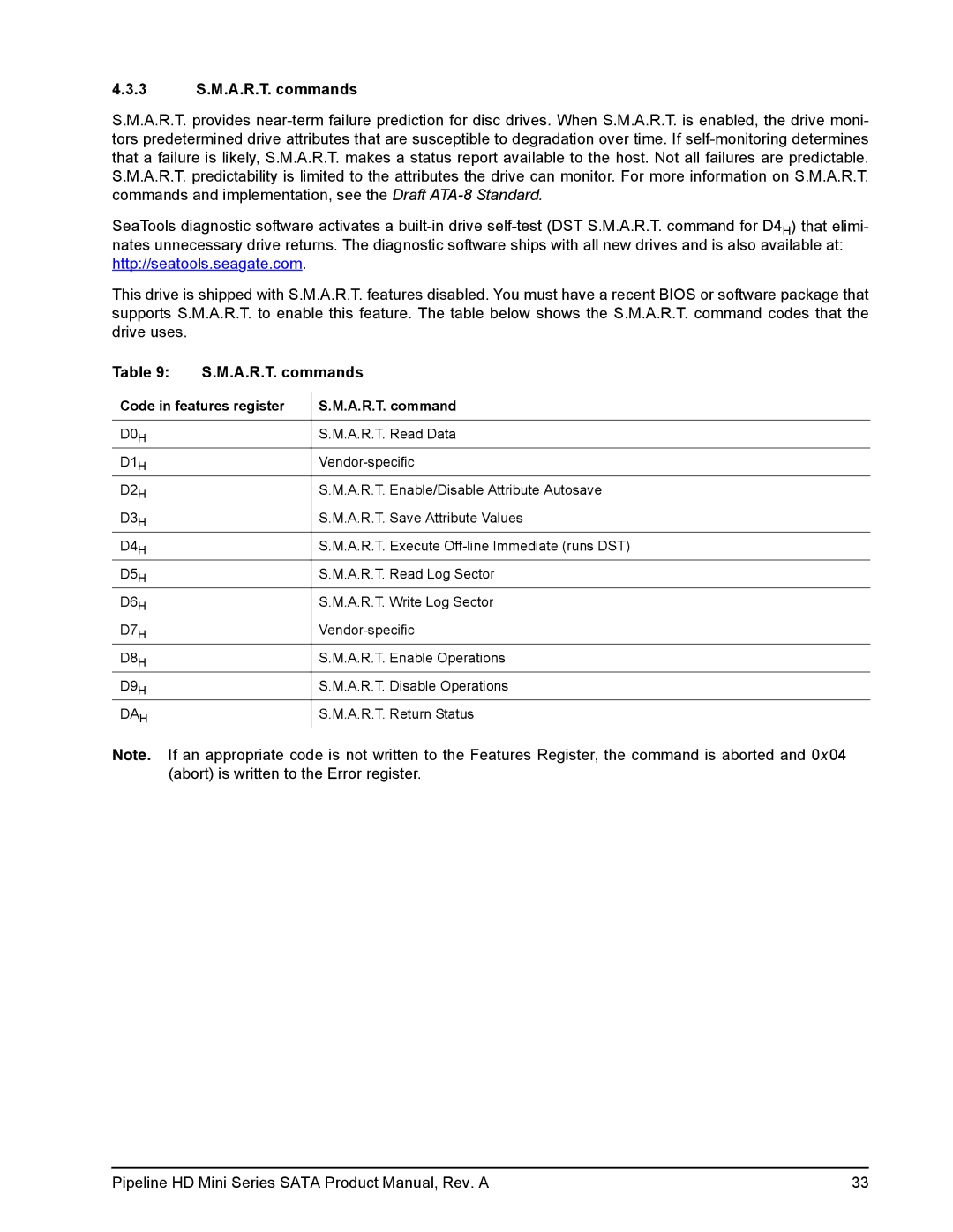 Seagate ST9250311CS, ST91603110CS manual 3 S.M.A.R.T. commands, Code in features register A.R.T. command 