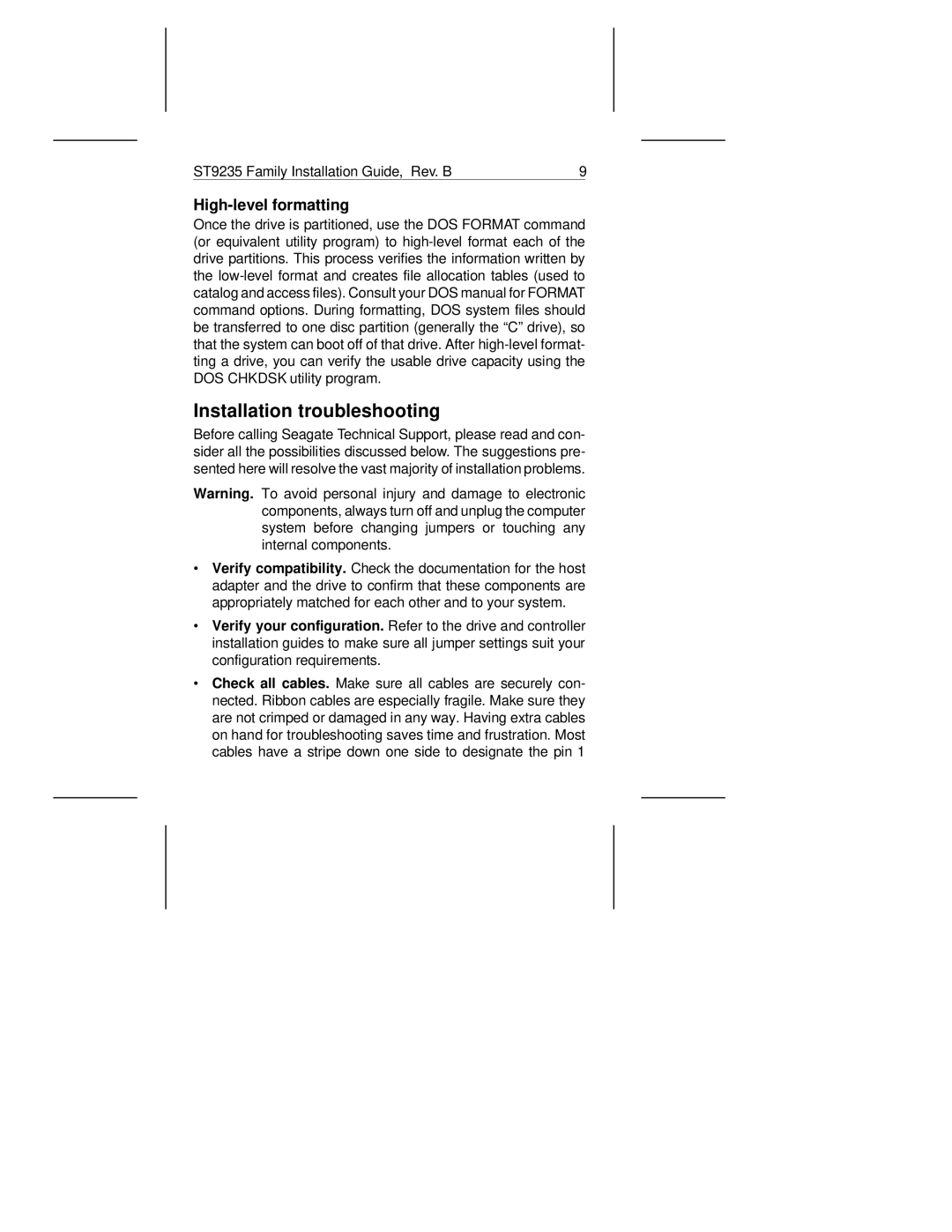 Seagate ST9235AG, ST9145A, ST9080A manual Installation troubleshooting, High-level formatting 