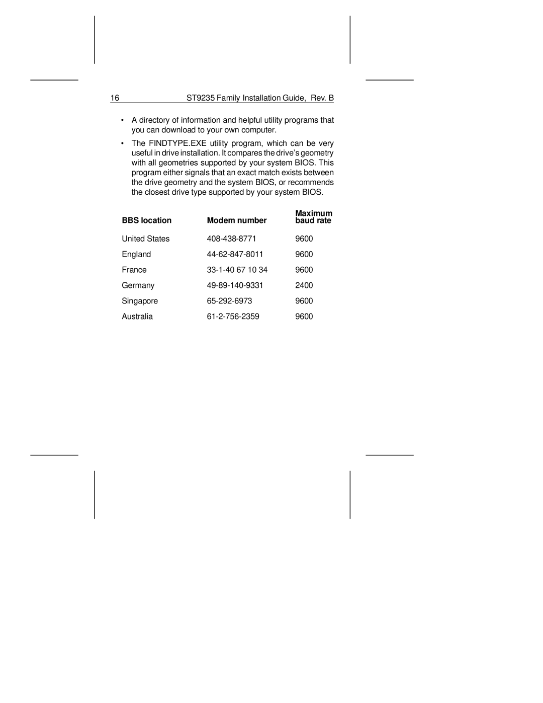 Seagate ST9145A, ST9235AG, ST9080A manual BBS location Modem number Maximum Baud rate 