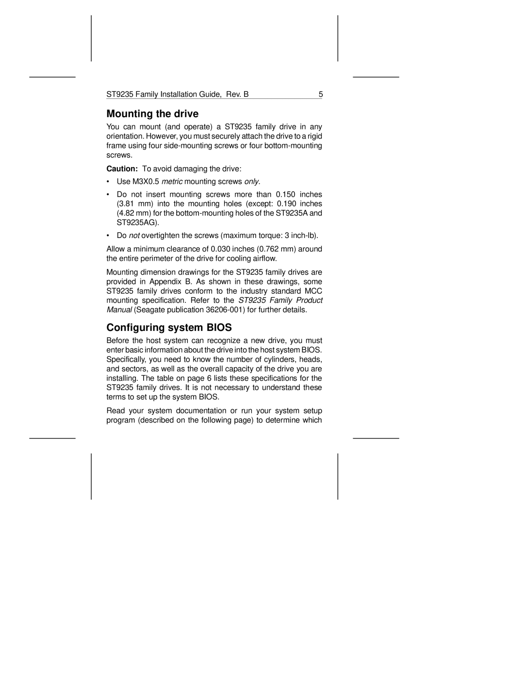 Seagate ST9235AG, ST9145A, ST9080A manual Mounting the drive, Configuring system Bios 