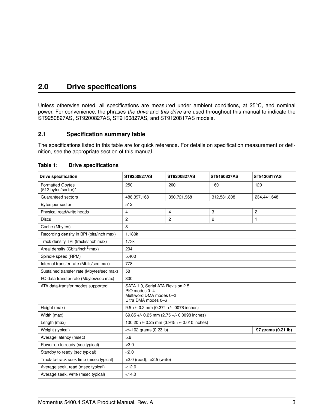 Seagate ST9120817AS, ST9250827AS, ST9200827AS, ST9160827AS manual Drive specifications, Specification summary table 