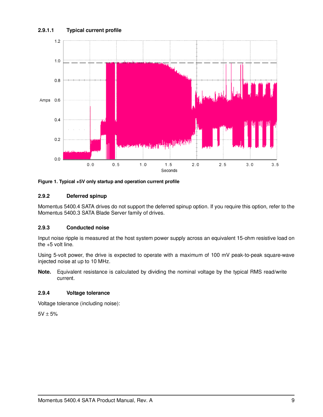 Seagate ST9200827AS, ST9250827AS, ST9160827AS Typical current profile, Deferred spinup, Conducted noise, Voltage tolerance 