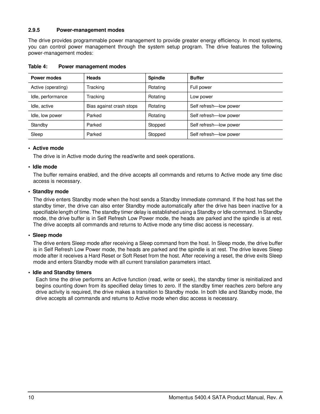 Seagate ST9160827AS, ST9250827AS manual Power-management modes, Power management modes, Active mode, Idle mode, Sleep mode 