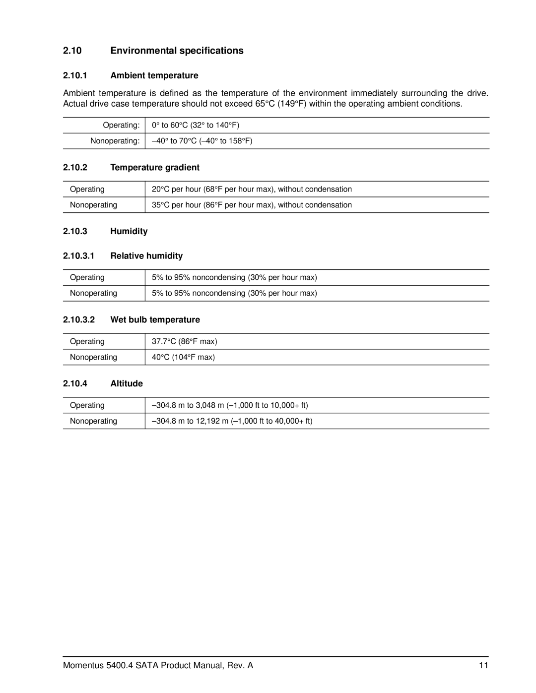 Seagate ST9120817AS, ST9250827AS, ST9200827AS, ST9160827AS manual Environmental specifications 