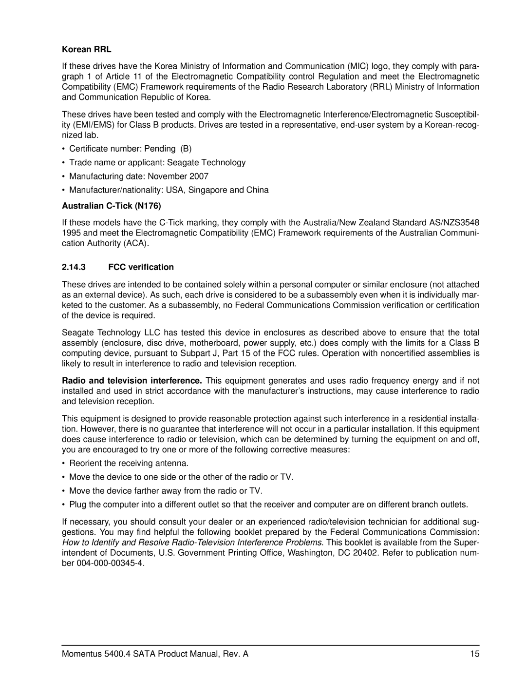 Seagate ST9120817AS, ST9250827AS, ST9200827AS, ST9160827AS manual Korean RRL, Australian C-Tick N176, FCC verification 