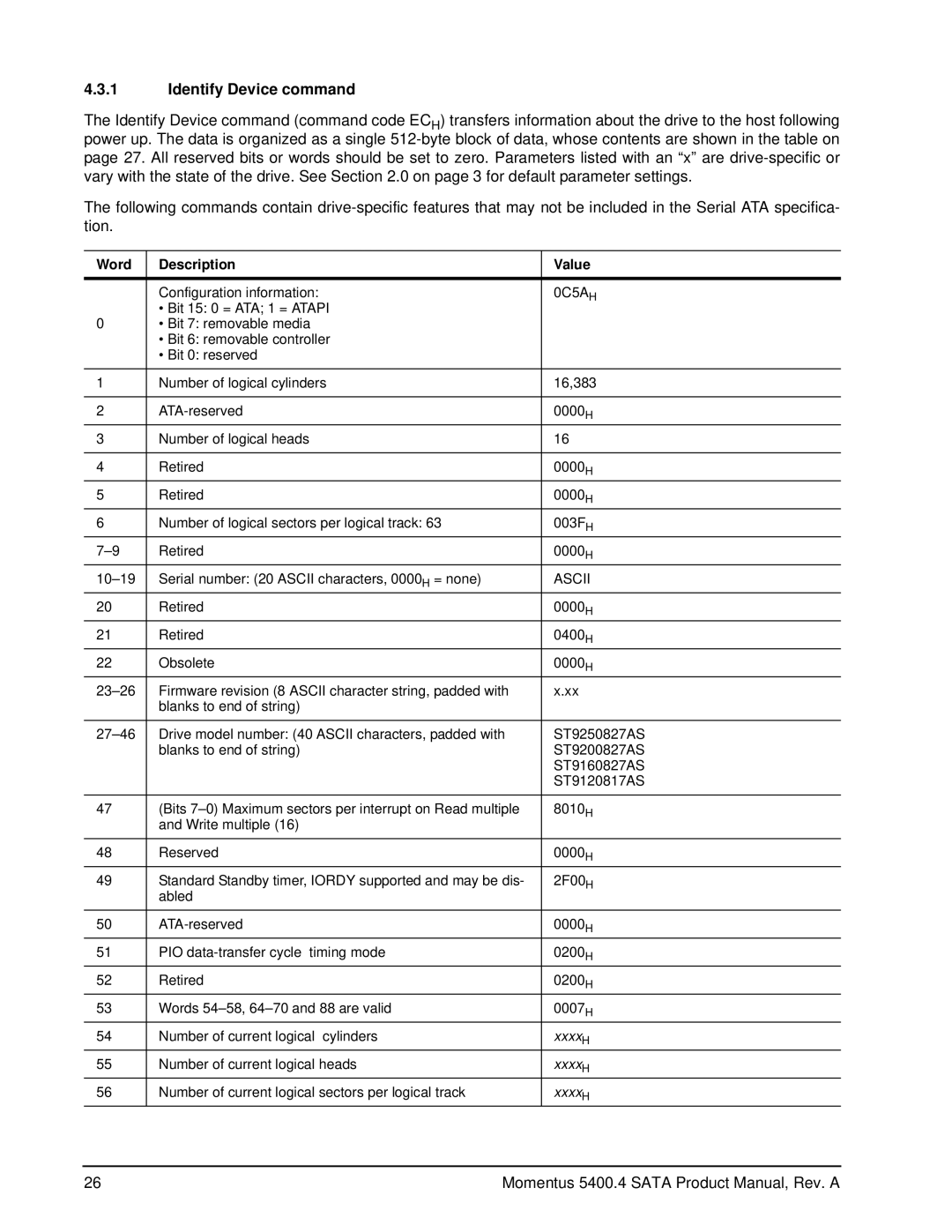 Seagate ST9160827AS, ST9250827AS, ST9200827AS, ST9120817AS manual Identify Device command, Word Description Value 