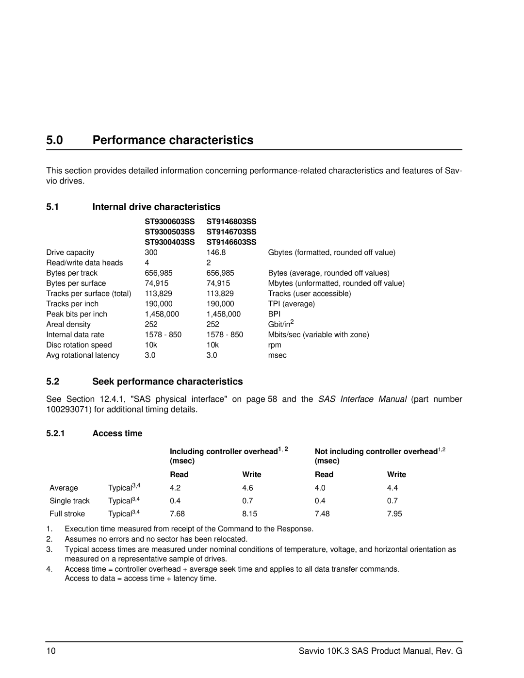 Seagate ST9300603SS manual Performance characteristics, Internal drive characteristics, Seek performance characteristics 