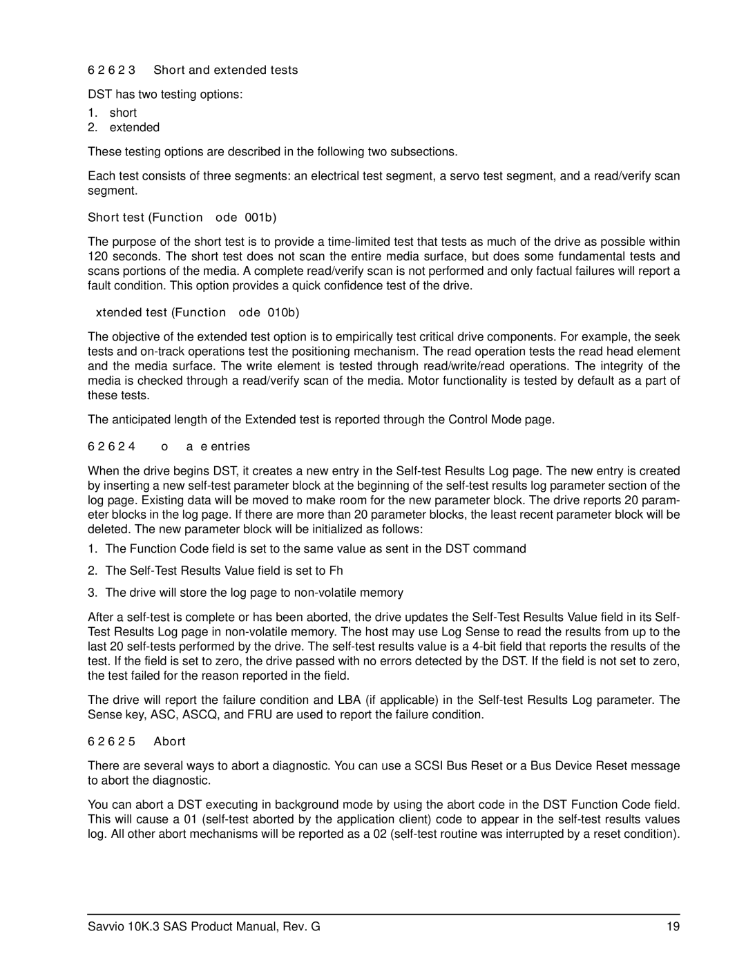 Seagate ST9146803SS manual Short and extended tests, Short test Function Code 001b, Extended test Function Code 010b, Abort 