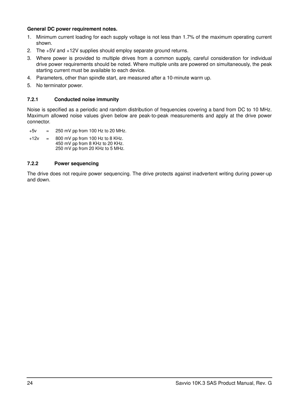 Seagate ST9300403SS, ST9300603SS manual General DC power requirement notes, Conducted noise immunity, Power sequencing 