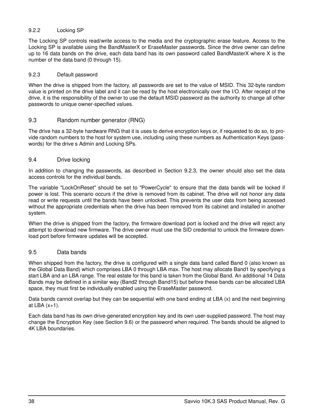 Seagate ST9146703SS, ST9300603SS manual Random number generator RNG, Drive locking, Data bands, Locking SP, Default password 