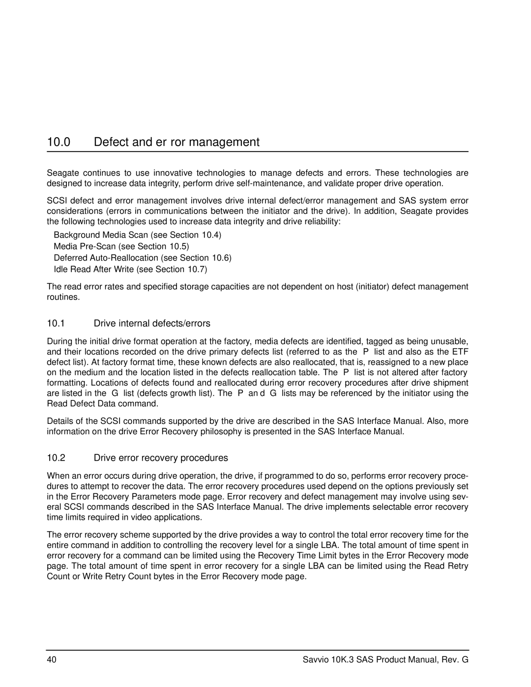 Seagate ST9300603SS manual Defect and error management, Drive internal defects/errors, Drive error recovery procedures 