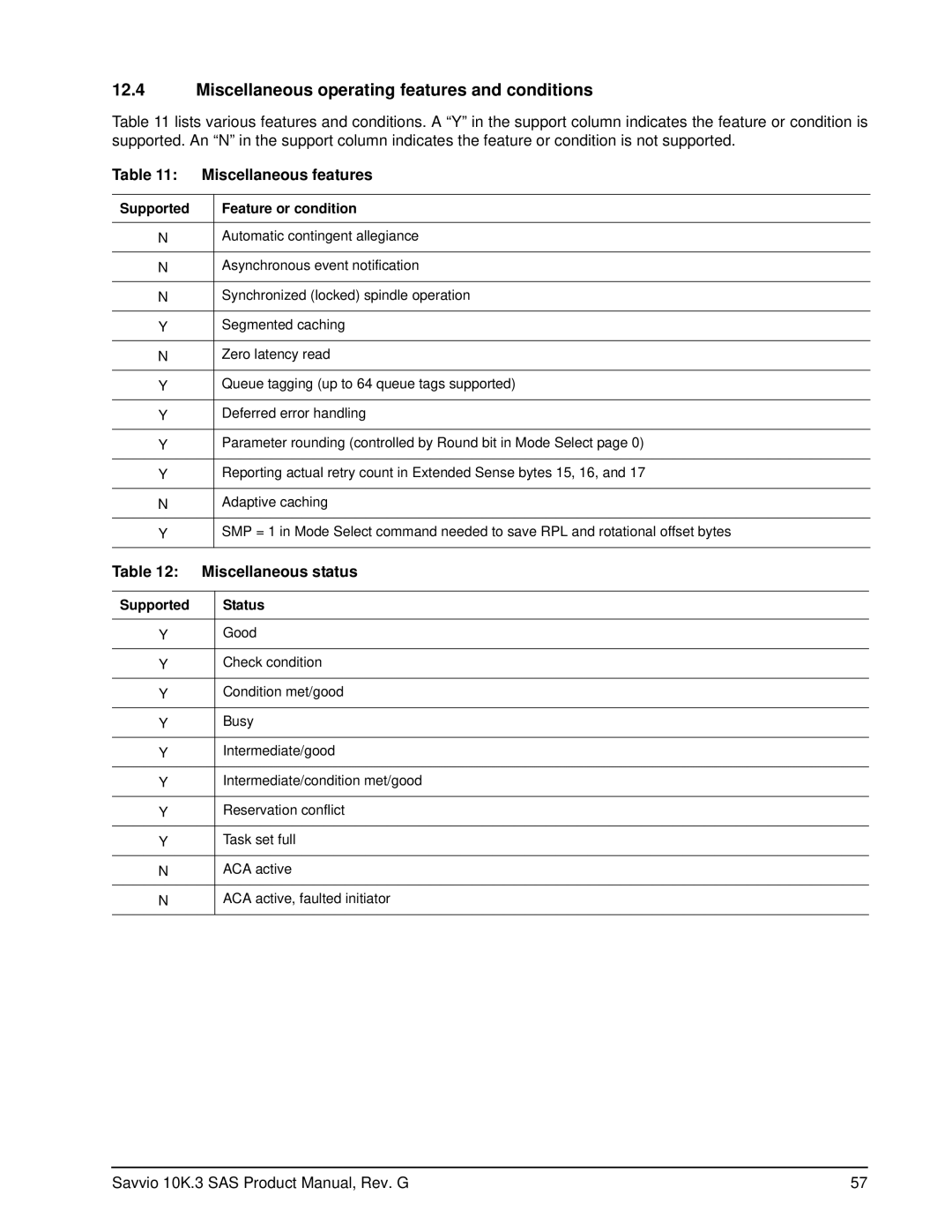 Seagate ST9146603SS manual Miscellaneous operating features and conditions, Miscellaneous features, Miscellaneous status 