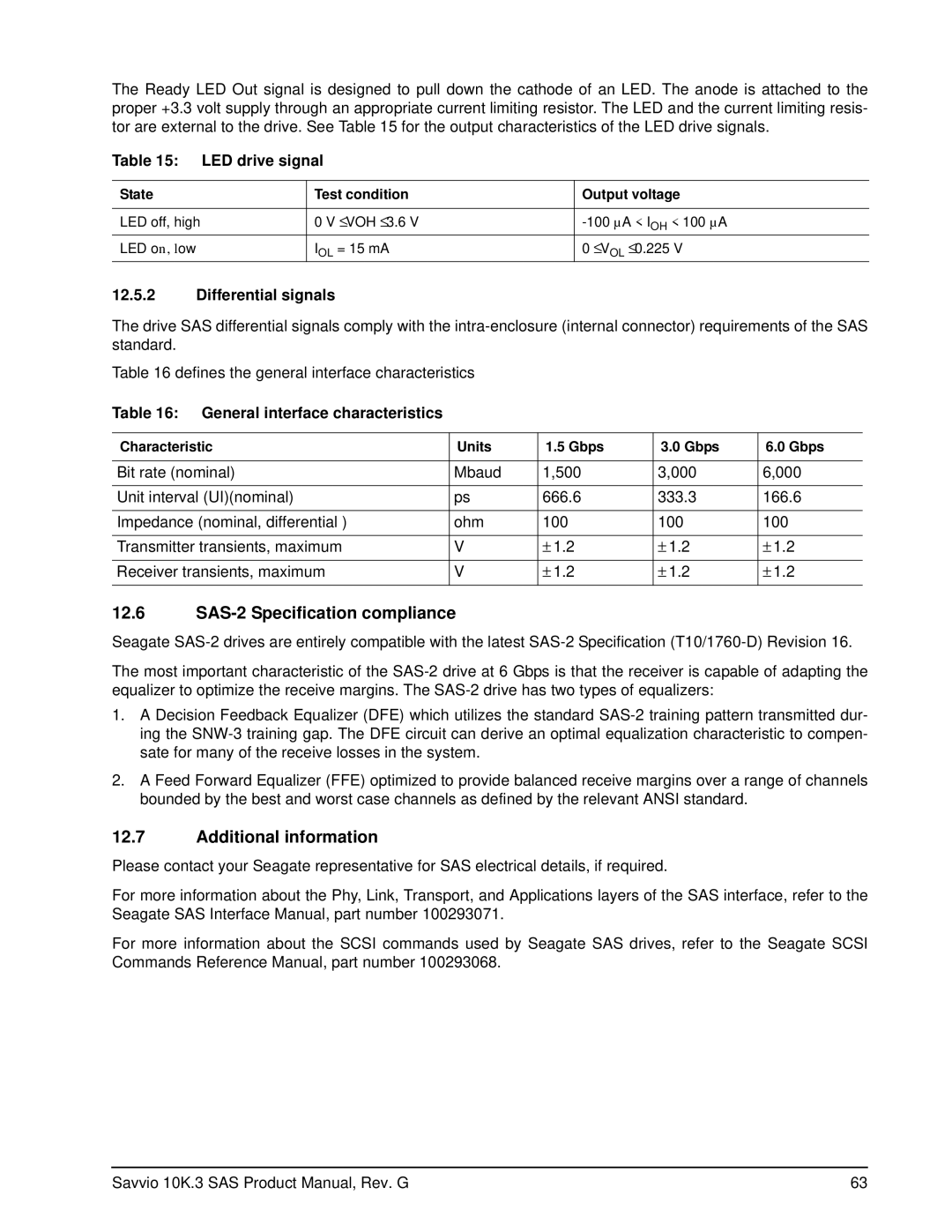 Seagate ST9146603SS manual SAS-2 Specification compliance, Additional information, LED drive signal, Differential signals 