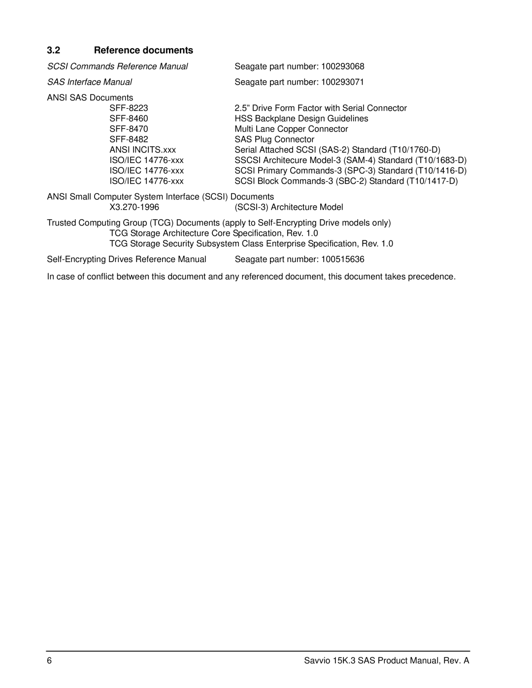 Seagate ST9300453SS, ST9300653SS, ST9300553SS manual Reference documents, Scsi Commands Reference Manual SAS Interface Manual 