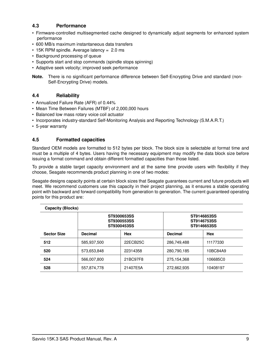 Seagate ST9146653SS, ST9300653SS, ST9300553SS, ST9300453SS, ST9146753SS manual Performance, Reliability, Formatted capacities 