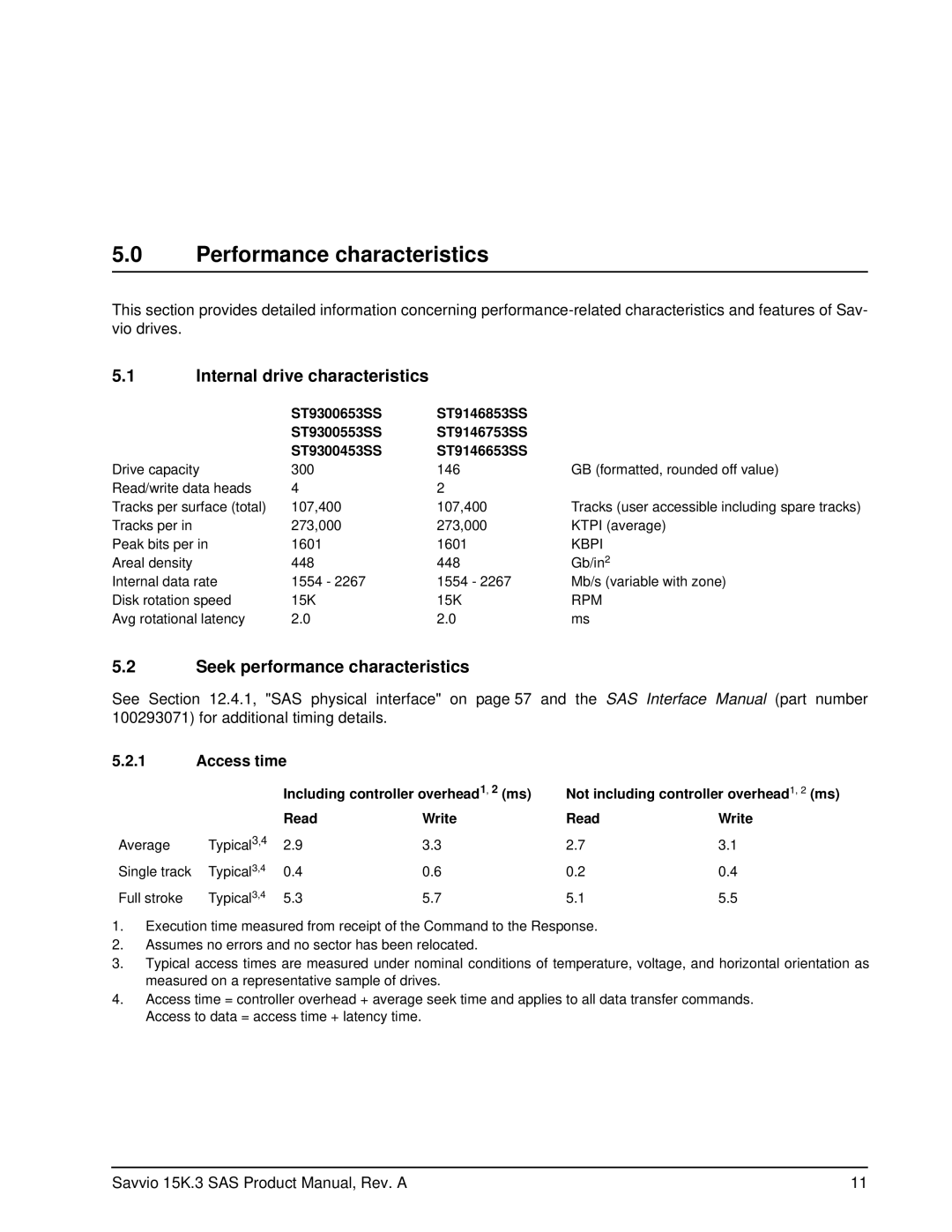 Seagate ST9300553SS manual Performance characteristics, Internal drive characteristics, Seek performance characteristics 