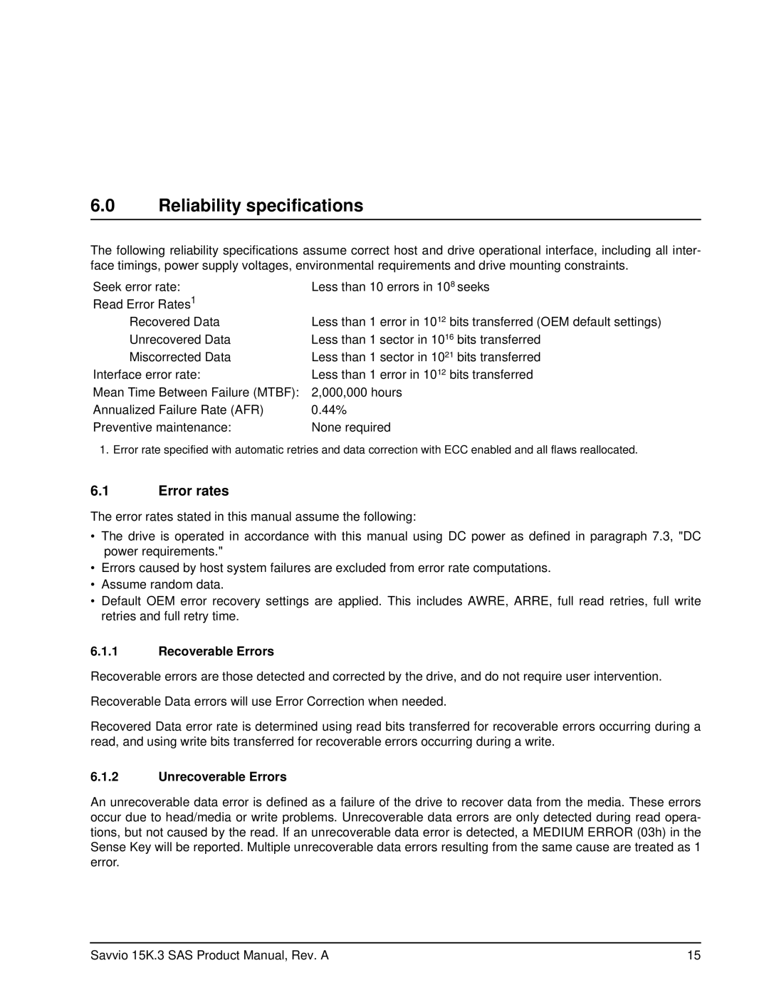 Seagate ST9146653SS, ST9300653SS manual Reliability specifications, Error rates, Recoverable Errors, Unrecoverable Errors 