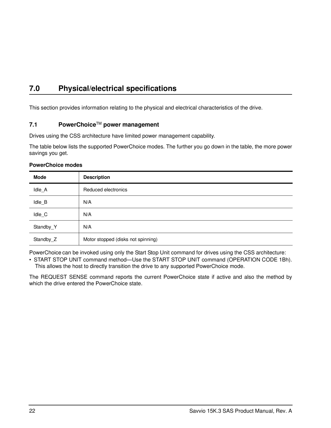 Seagate ST9300653SS, ST9300553SS Physical/electrical specifications, PowerChoiceTM power management, PowerChoice modes 