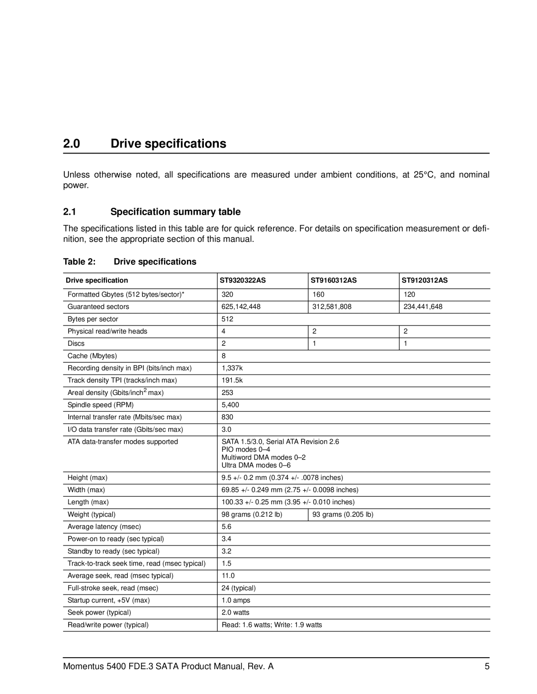 Seagate ST9120312AS, ST9320322AS, ST9160312AS manual Drive specifications, Specification summary table 