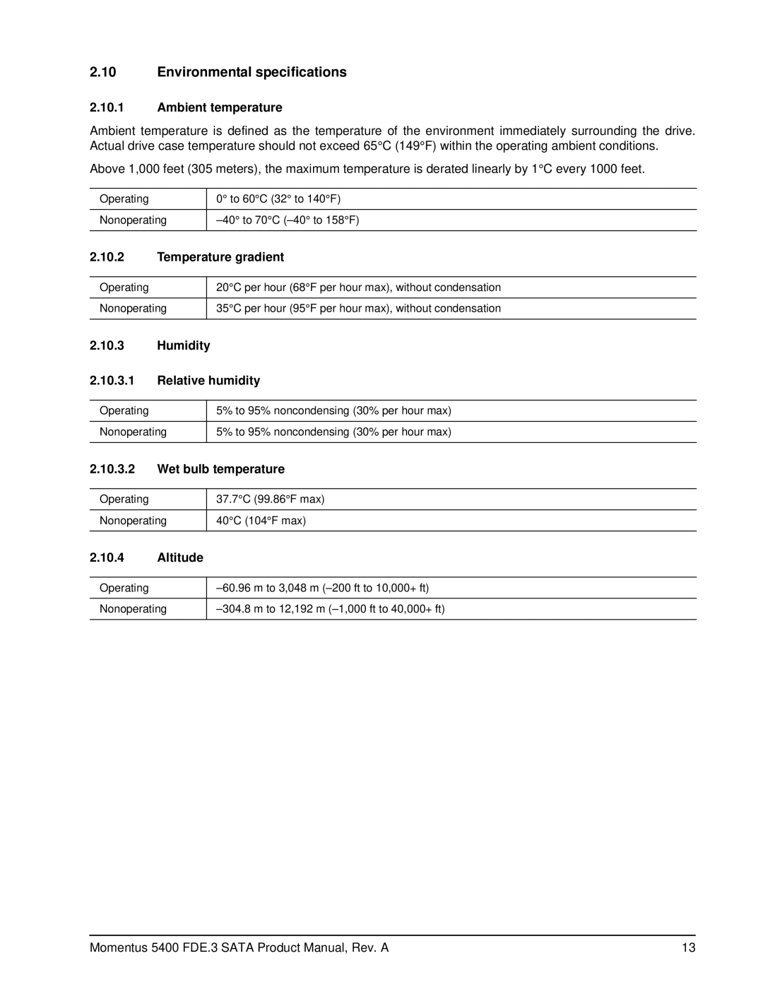 Seagate ST9160312AS, ST9320322AS, ST9120312AS manual Environmental specifications 