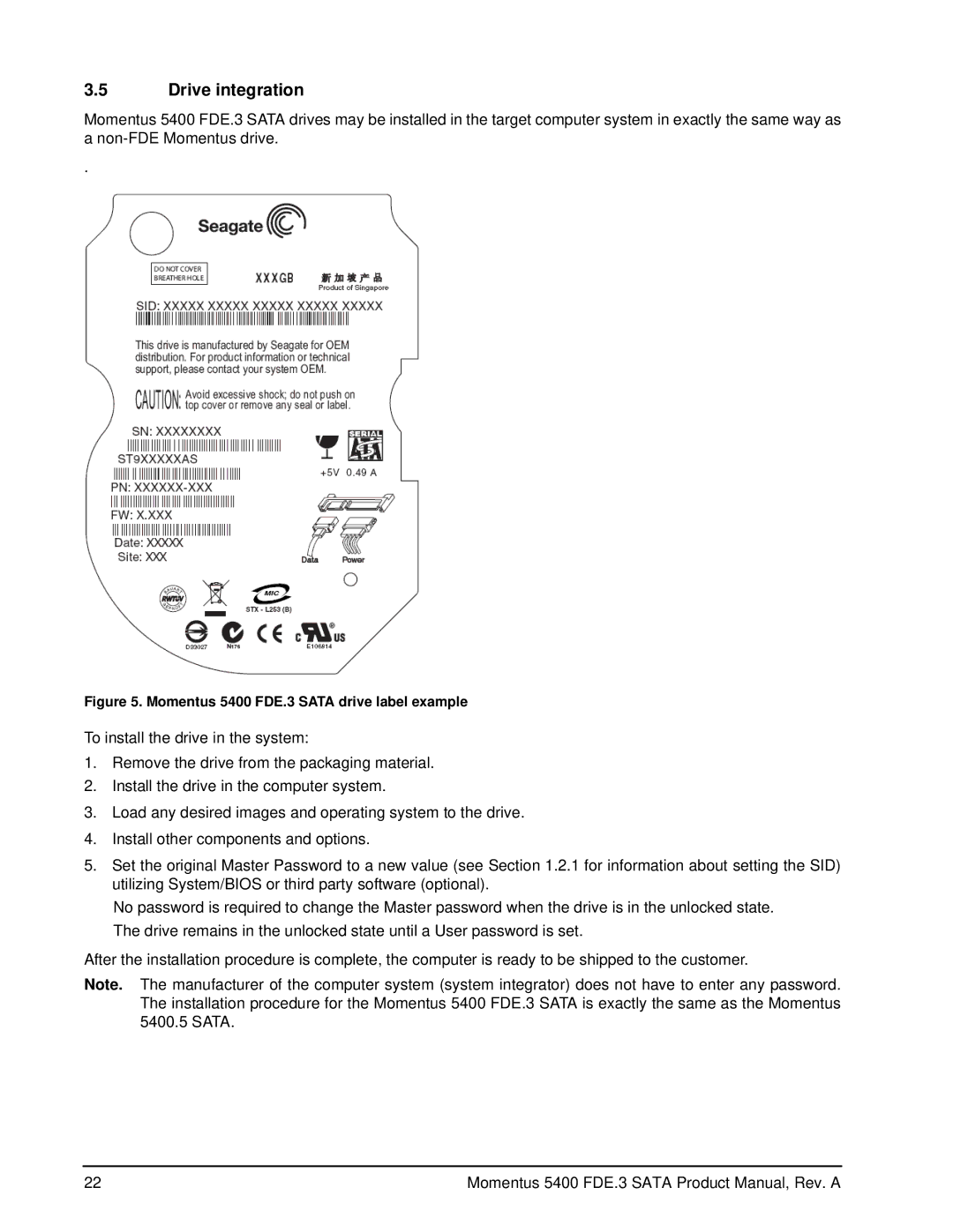 Seagate ST9160312AS, ST9320322AS, ST9120312AS manual Drive integration, Momentus 5400 FDE.3 Sata drive label example 