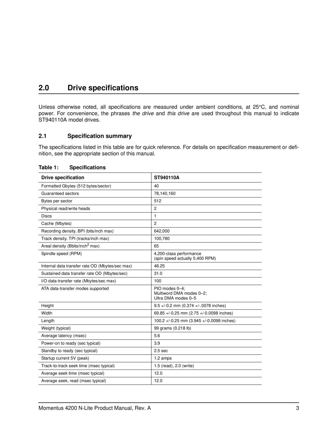 Seagate manual Drive specifications, Specification summary, Specifications, Drive specification ST940110A 