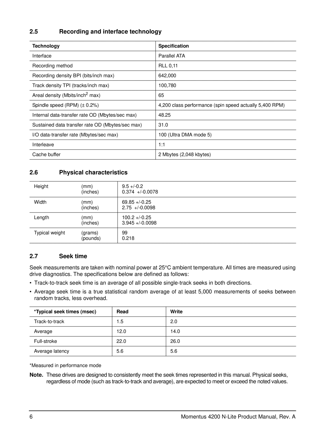 Seagate ST940110A manual Recording and interface technology, Physical characteristics, Seek time, Technology Specification 