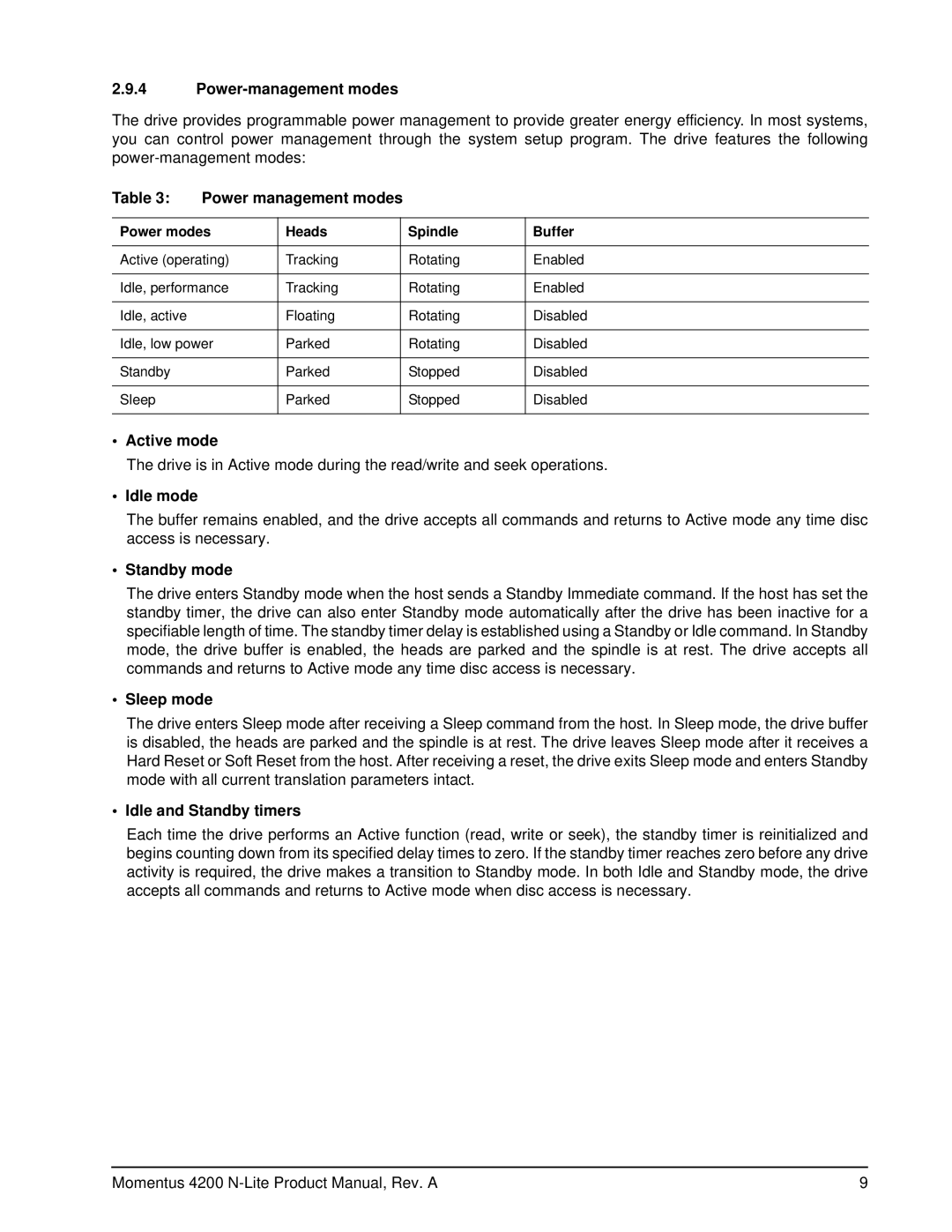 Seagate ST940110A manual Power-management modes, Power management modes, Active mode, Idle mode, Sleep mode 