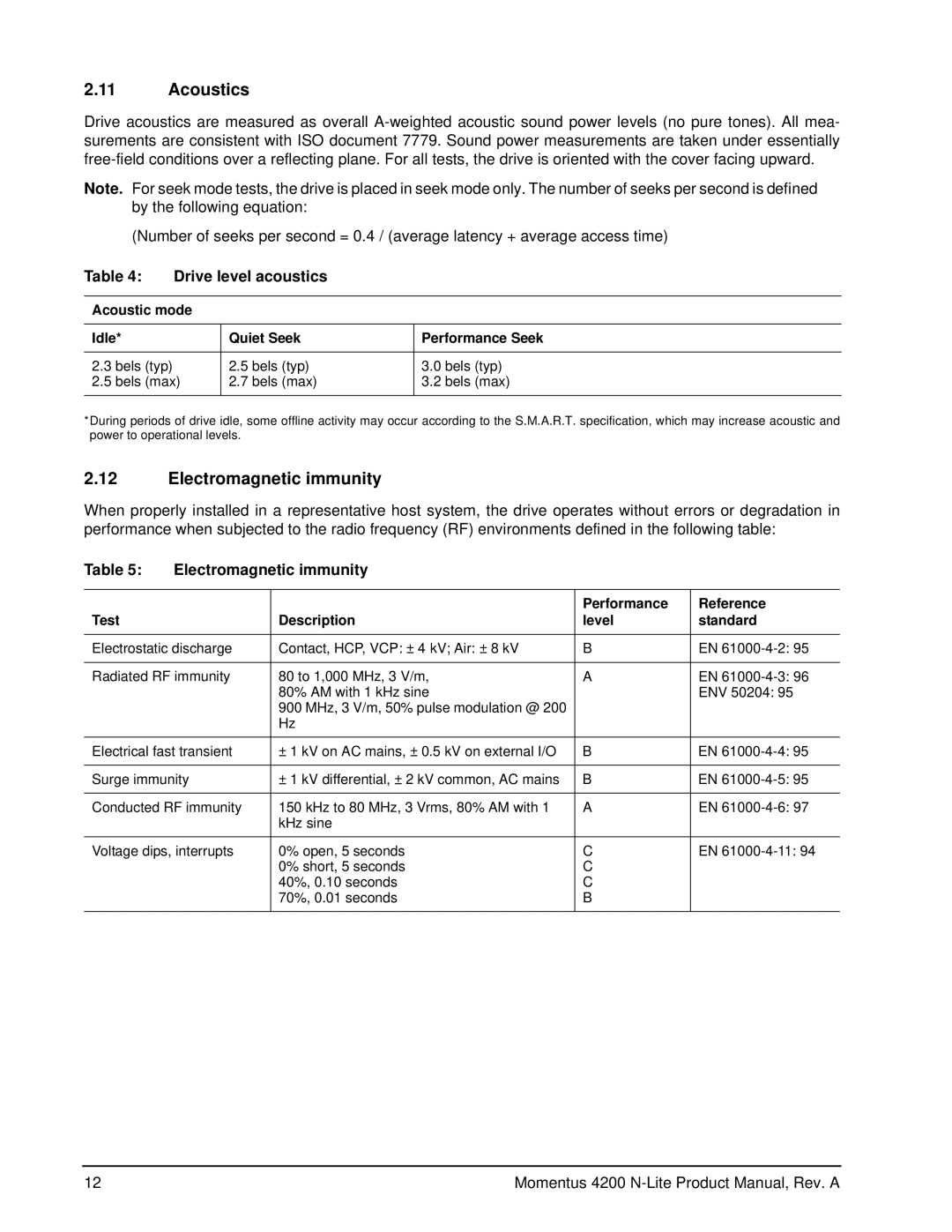 Seagate ST940110A manual Acoustics, Electromagnetic immunity, Drive level acoustics 