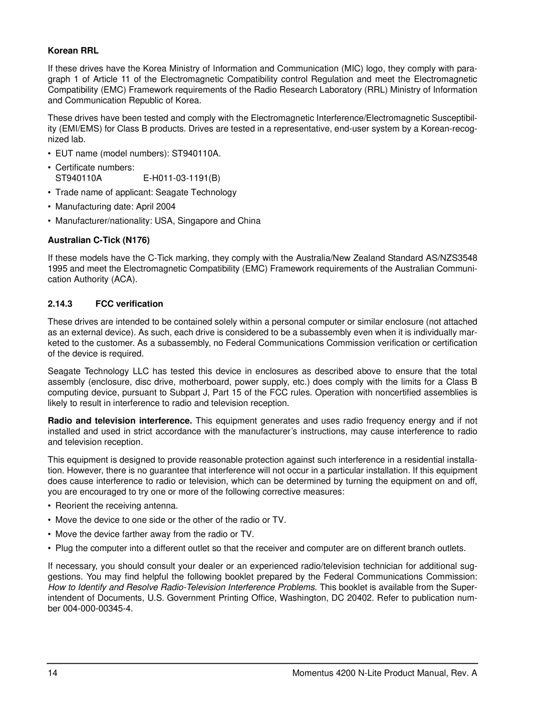 Seagate ST940110A manual Korean RRL, Australian C-Tick N176, FCC verification 