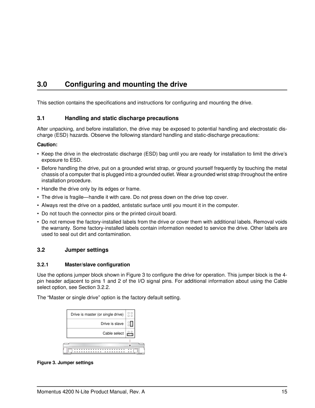 Seagate ST940110A manual Configuring and mounting the drive, Handling and static discharge precautions, Jumper settings 