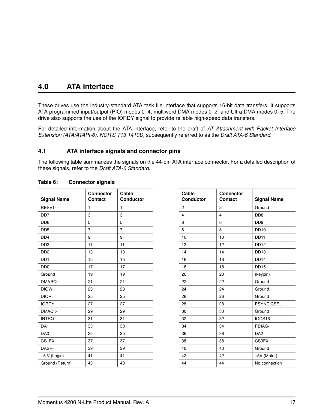 Seagate ST940110A manual ATA interface signals and connector pins, Connector signals 