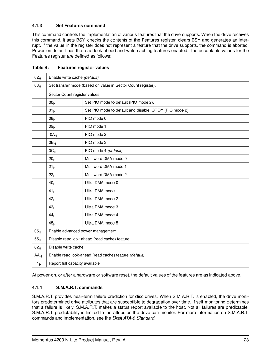 Seagate ST940110A manual Set Features command, Features register values, 4 S.M.A.R.T. commands 