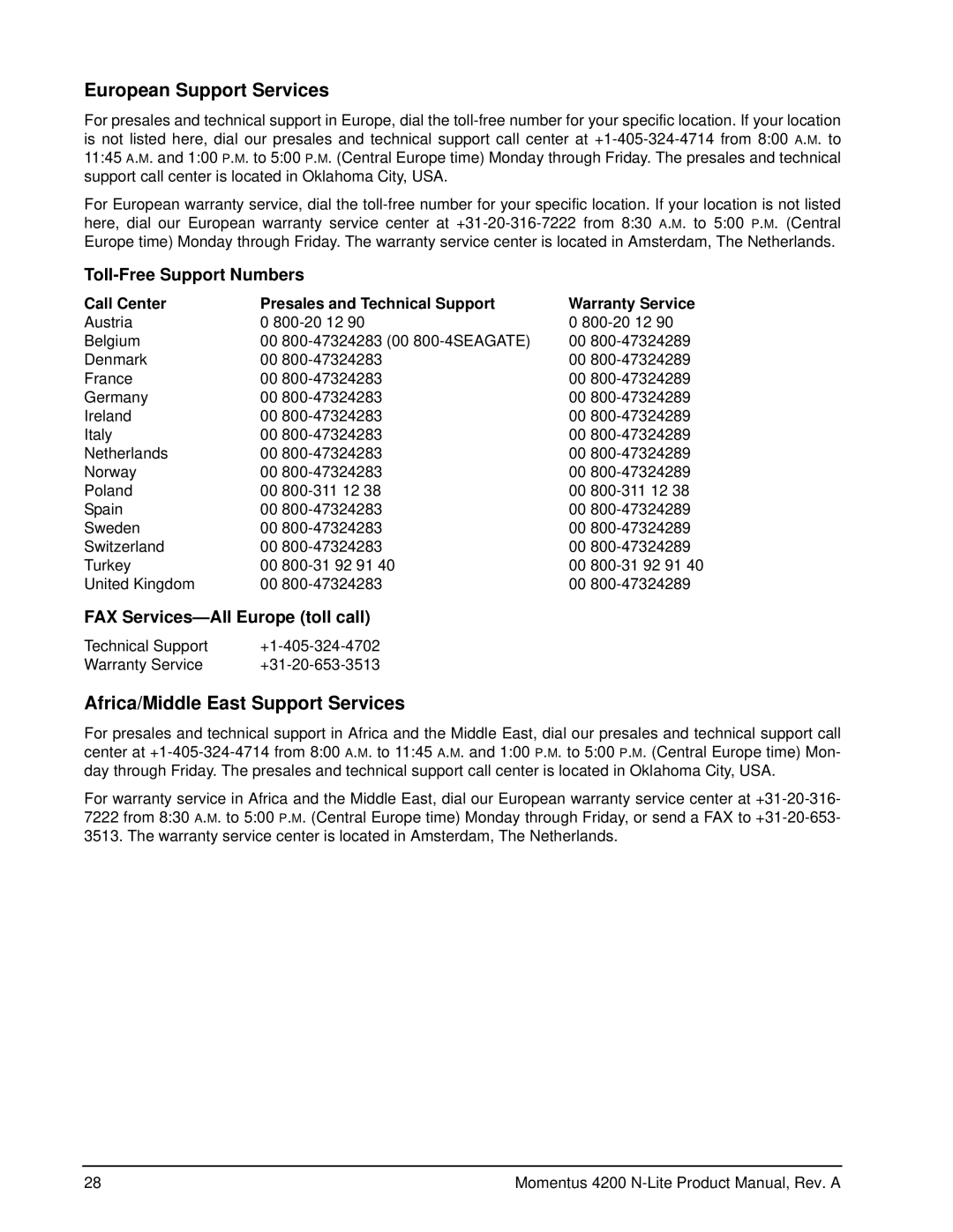 Seagate ST940110A manual Toll-Free Support Numbers, FAX Services-All Europe toll call 