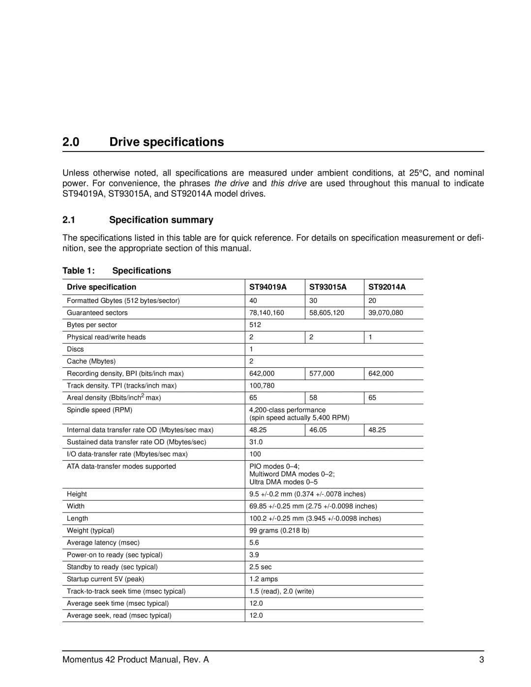 Seagate ST93015A, ST94019A, ST92014A manual Drive specifications, Specification summary, Specifications 