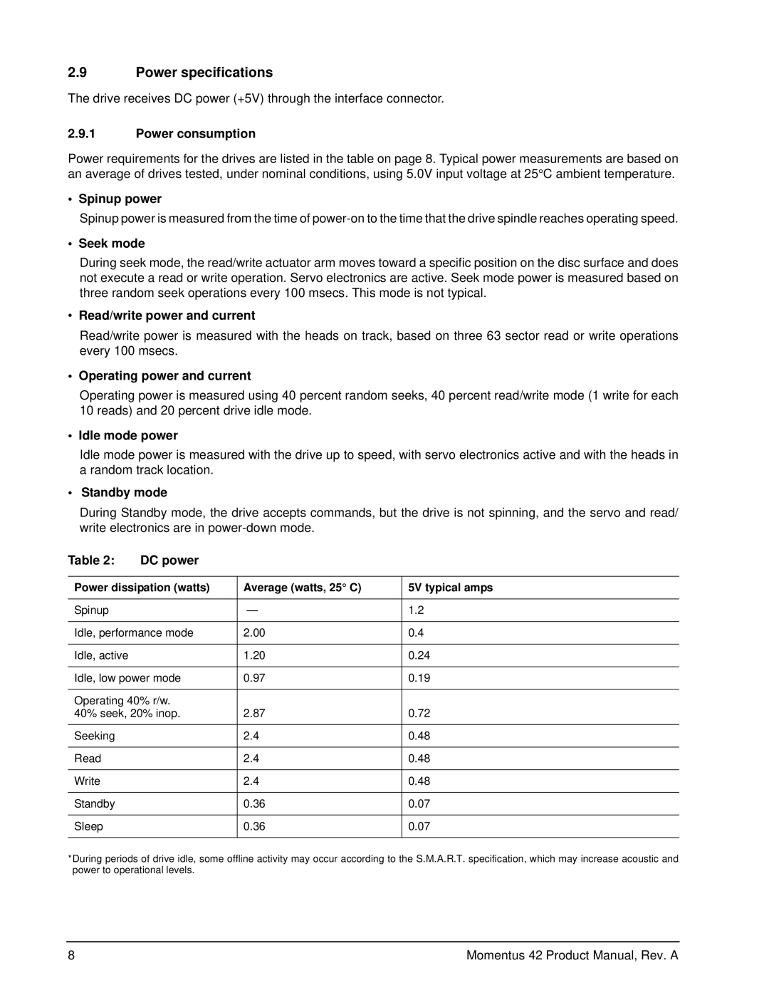 Seagate ST94019A, ST93015A, ST92014A manual Power specifications 