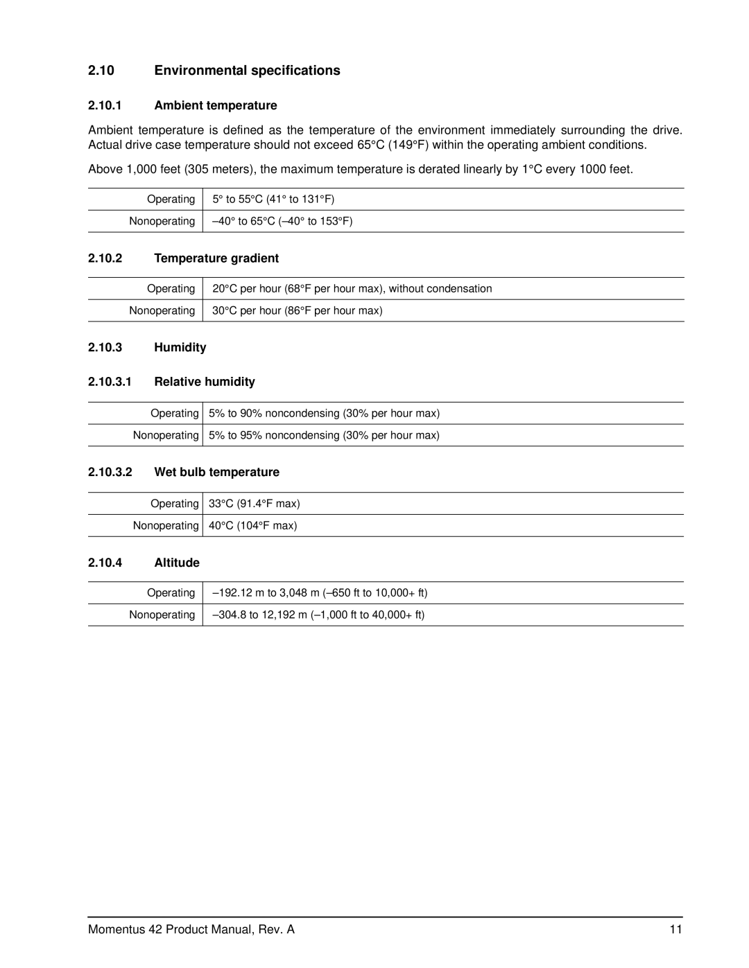 Seagate ST94019A, ST93015A, ST92014A manual Environmental specifications 