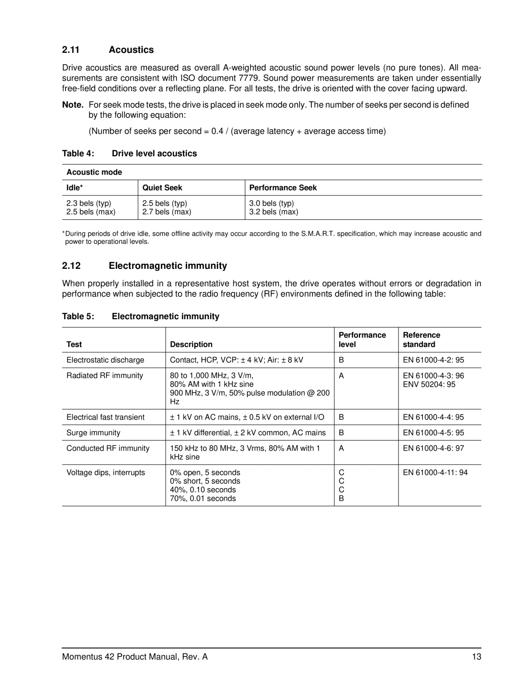 Seagate ST92014A, ST94019A, ST93015A manual Acoustics, Electromagnetic immunity, Drive level acoustics 