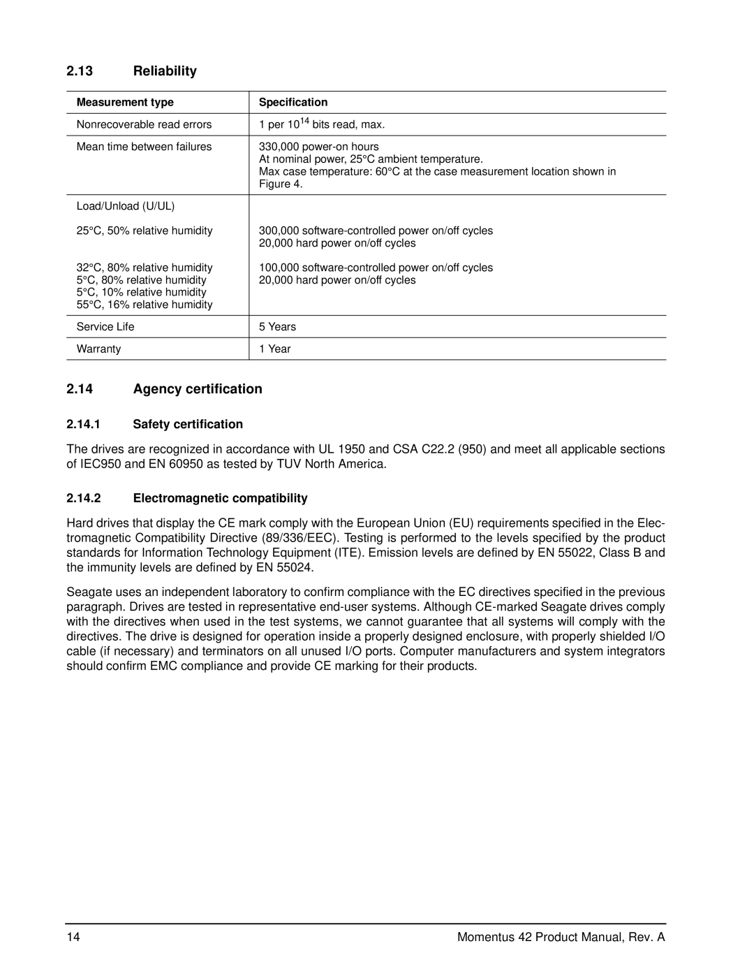 Seagate ST94019A, ST93015A, ST92014A Reliability, Agency certification, Safety certification, Electromagnetic compatibility 