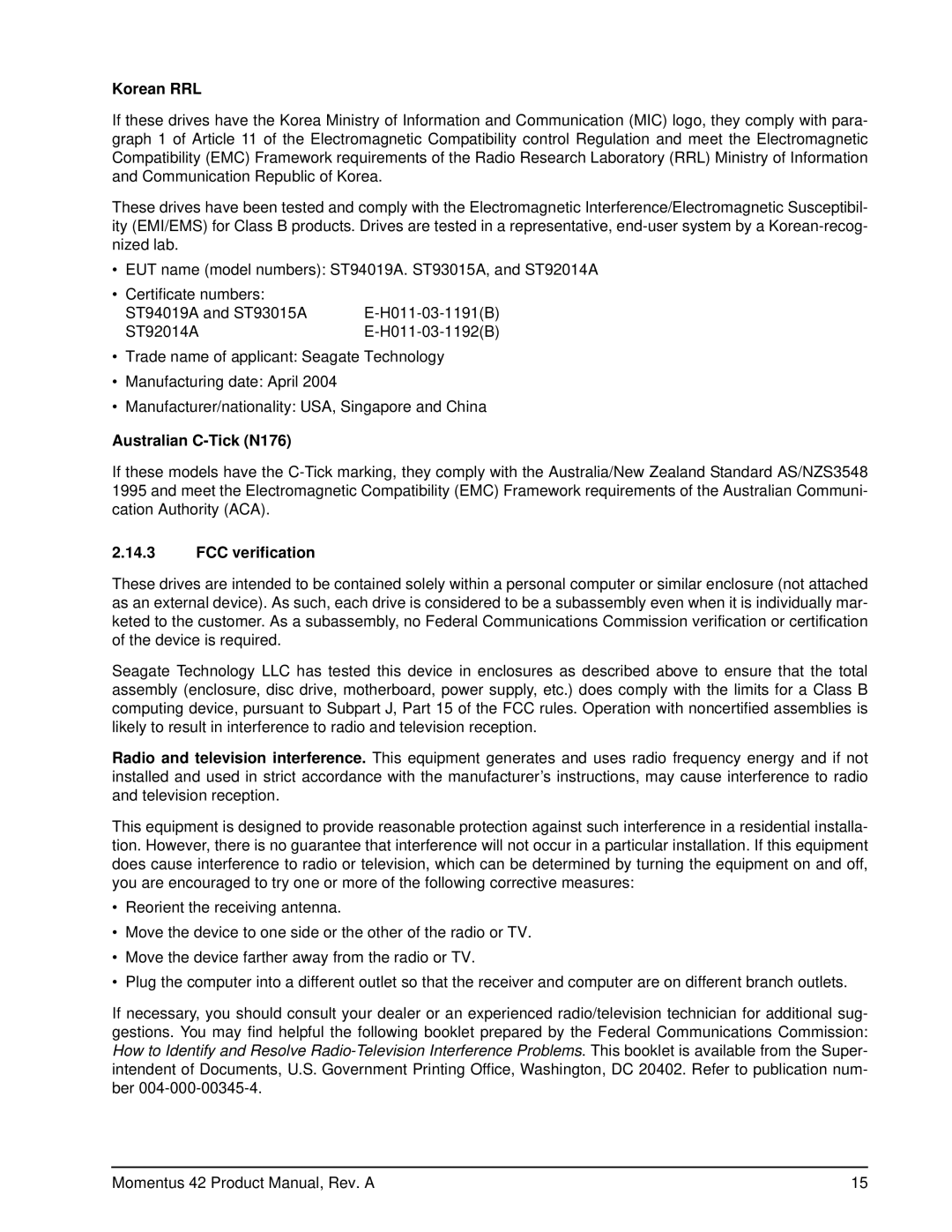 Seagate ST93015A, ST94019A, ST92014A manual Korean RRL, Australian C-Tick N176, FCC verification 