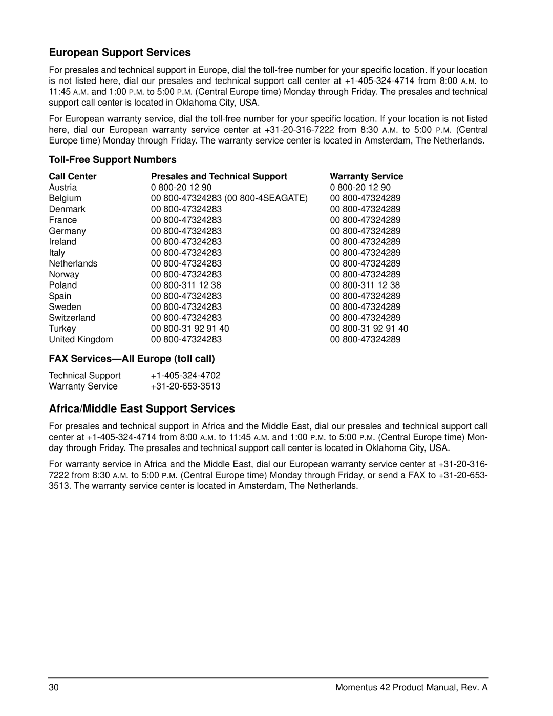 Seagate ST93015A, ST94019A, ST92014A manual Toll-Free Support Numbers, FAX Services-All Europe toll call 