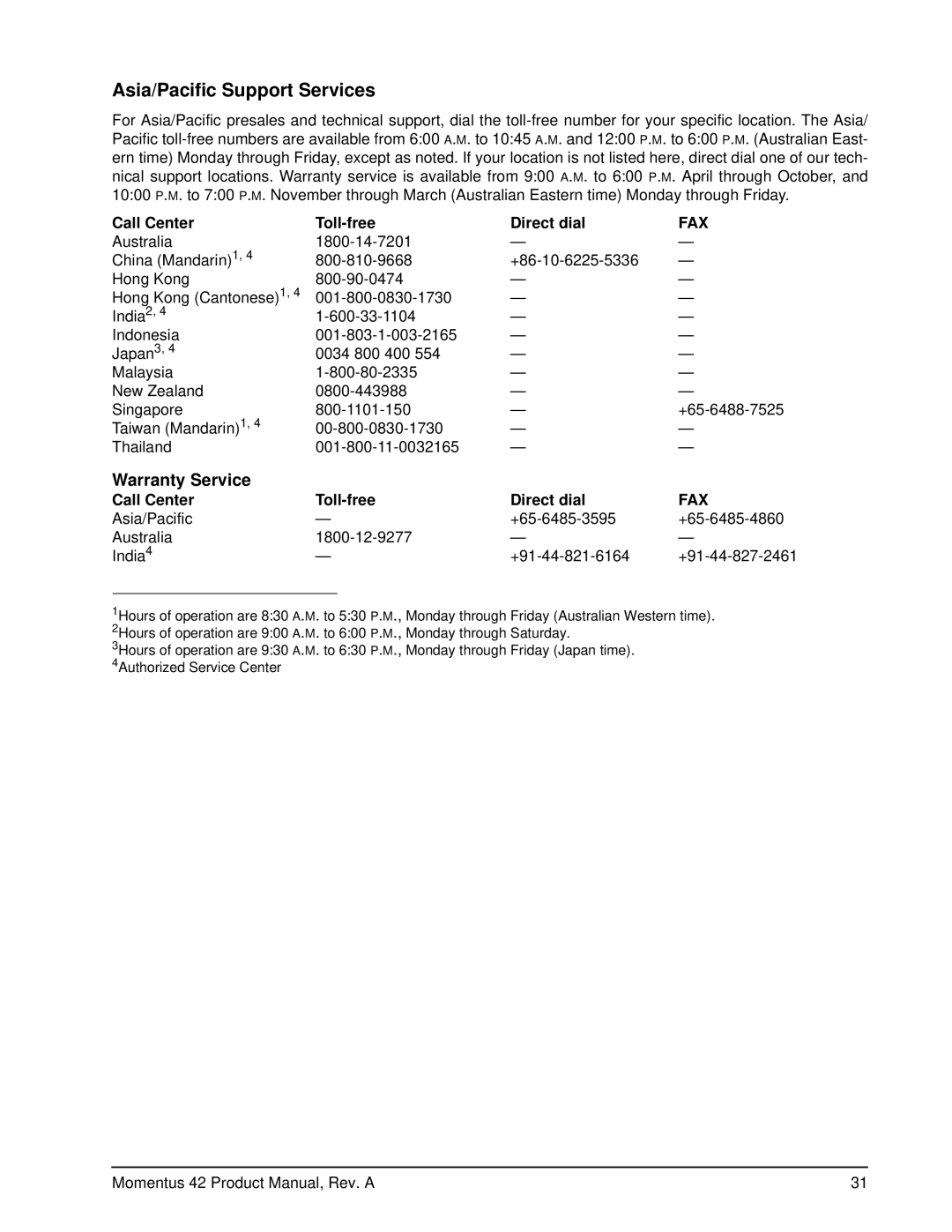 Seagate ST92014A, ST94019A, ST93015A manual Asia/Pacific Support Services 