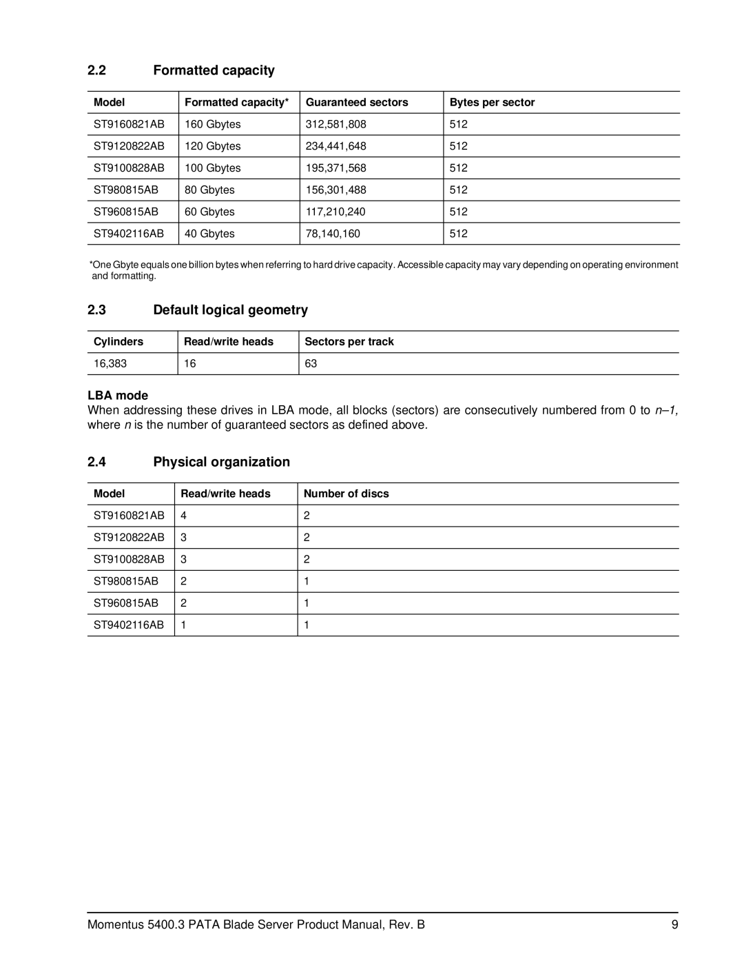 Seagate ST9120822AB, ST9402116AB, ST960815AB Formatted capacity, Default logical geometry, Physical organization, LBA mode 