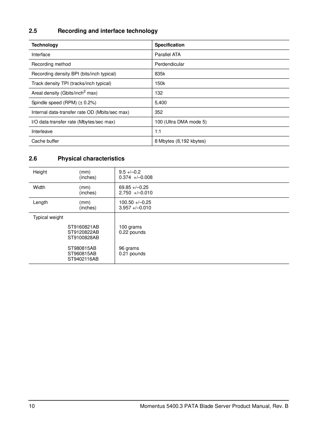 Seagate ST9160821AB, ST9402116AB Recording and interface technology, Physical characteristics, Technology Specification 