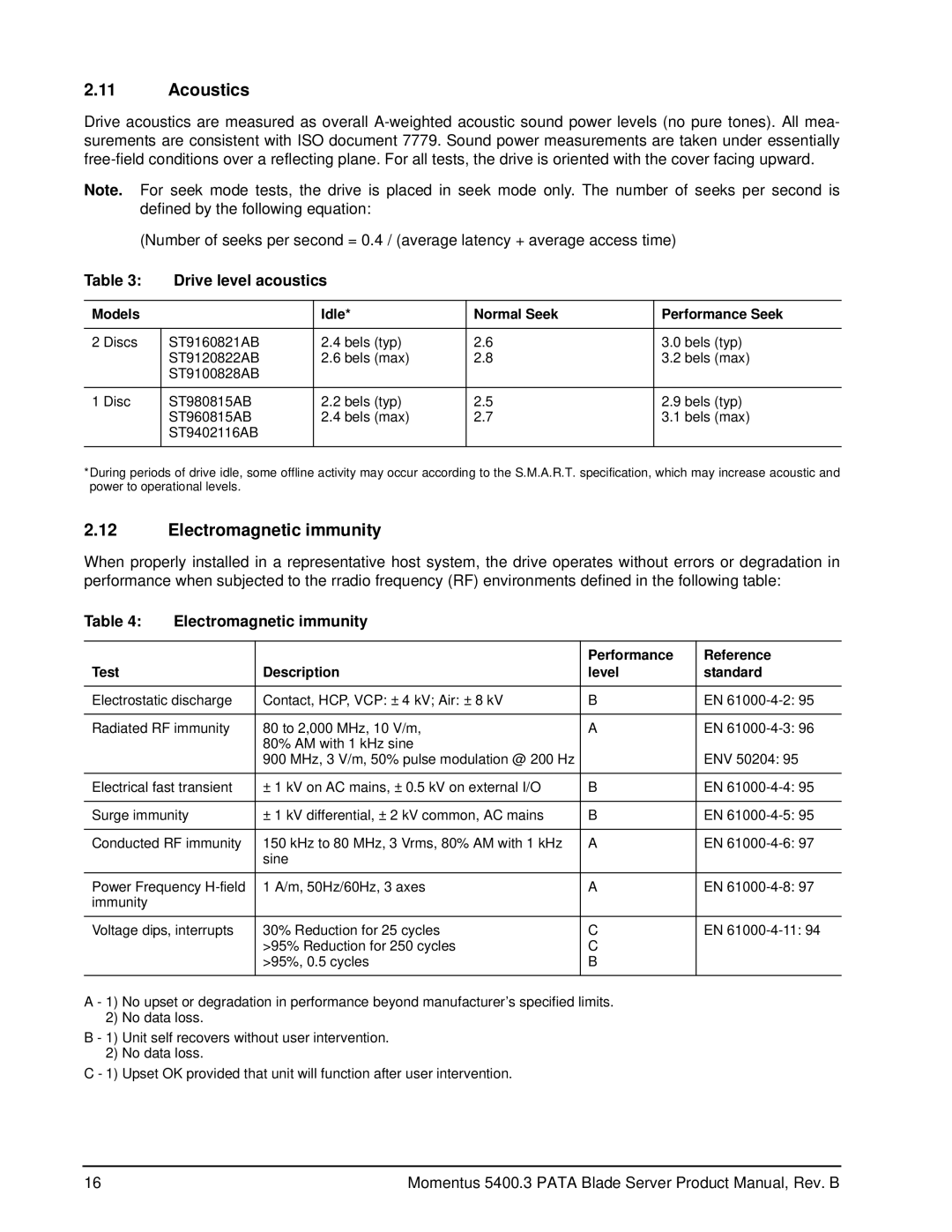 Seagate ST9160821AB, ST9402116AB, ST960815AB, ST980815AB manual Acoustics, Electromagnetic immunity, Drive level acoustics 