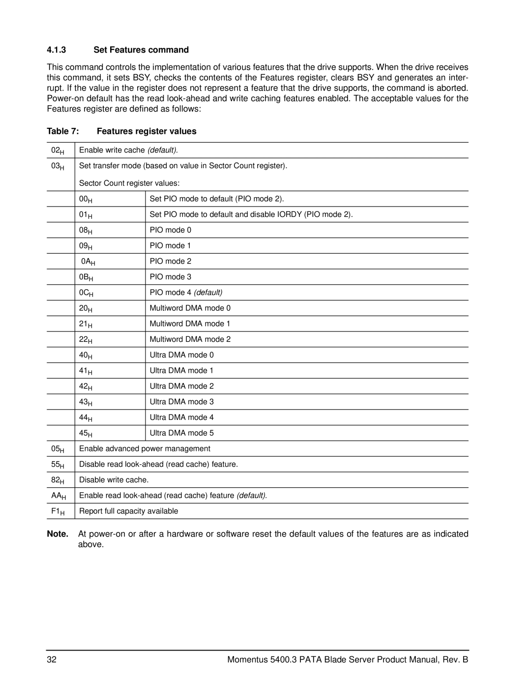 Seagate ST980815AB, ST9402116AB, ST960815AB, ST9120822AB, ST9160821AB manual Set Features command, Features register values 